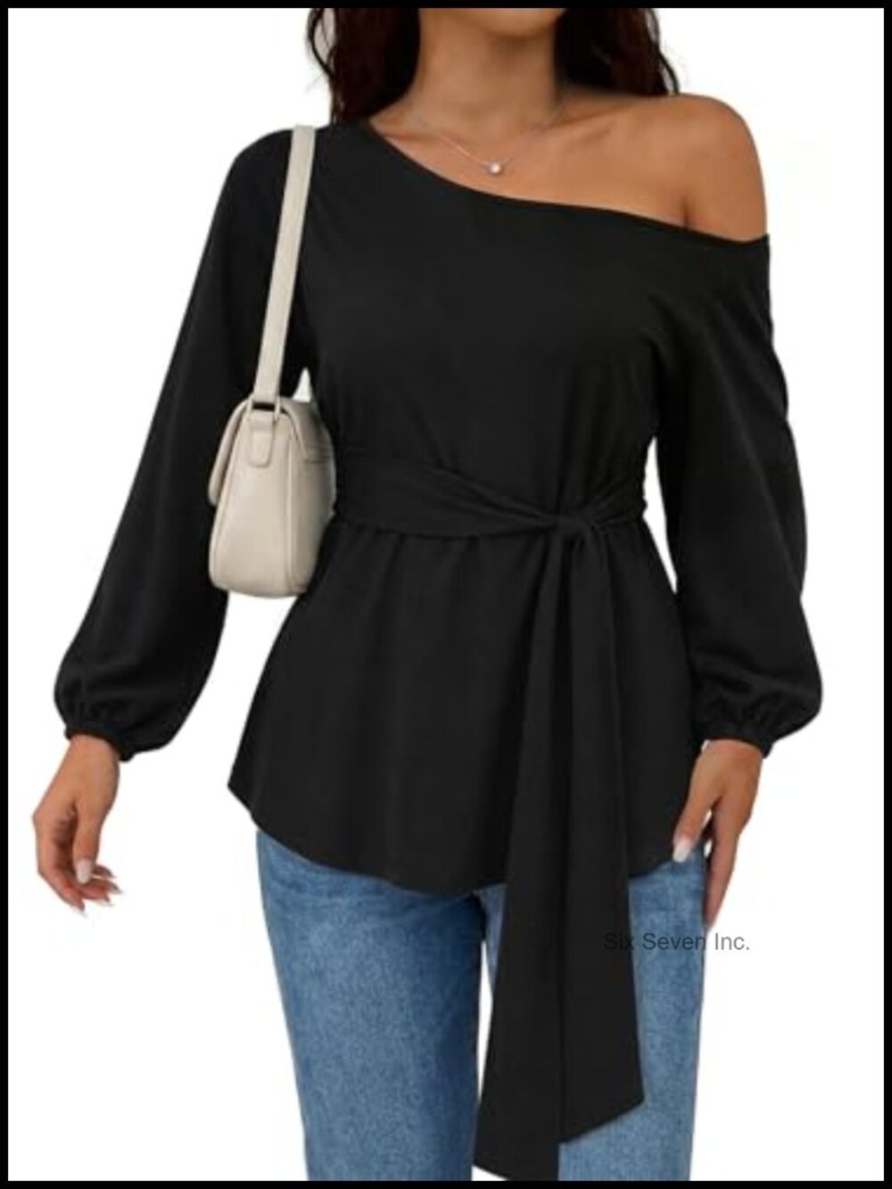 Cotton Blend Peplum Top One Shoulder Bishop Sleeve Tie Waist